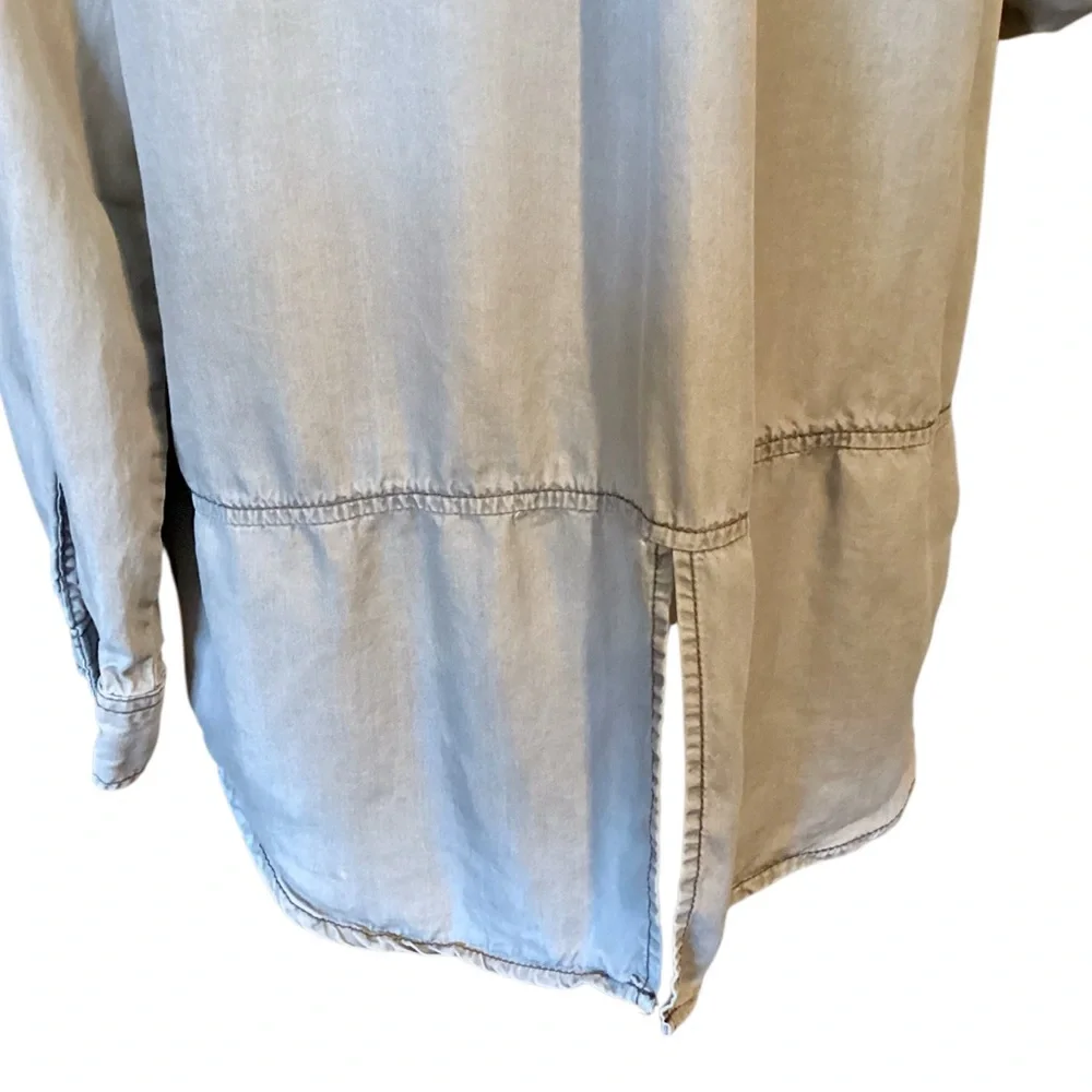 Terre‎ Bleue Lyocell Split Back Roll Tab Sleeve Gray Green Blouse Medium